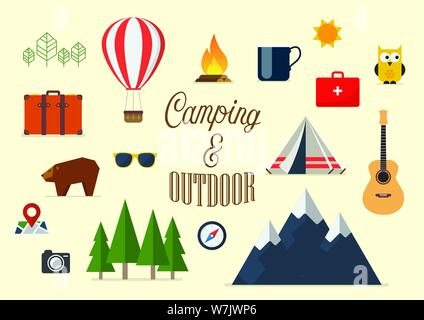 Sammlung von Camping Elemente im flachen Design. Vector Illustration Stock Vektor