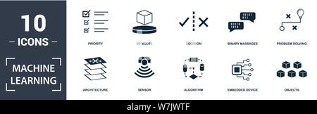 Symbol für maschinelles Lernen eingestellt. Enthält gefüllten flachen Sensor, Algorithmus, 3d-Modell, Priorität, Architektur, eingebettete Gerätesymbole. Bearbeitbares Format Stock Vektor