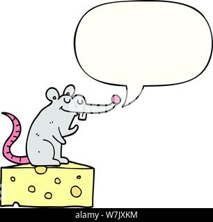 Cartoon Maus Auf Käse mit Sprechblase Stock Vektor