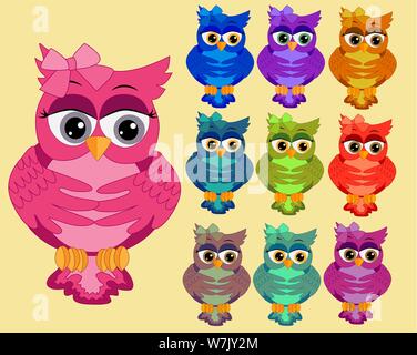 Eine große Anzahl von Zehn mehrfarbige Helle cartoonish, niedliche Eulen mit großen Augen und Bogen hinter dem Ohr Stock Vektor