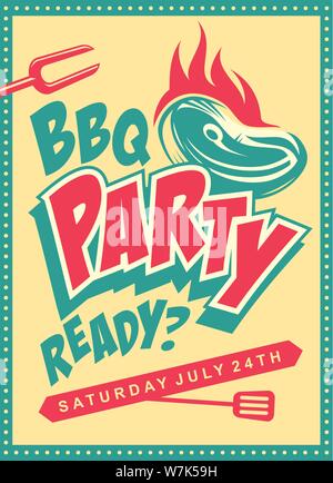 Funky Design Konzept für die Grillparty. Retro Poster mit Steak auf dem Grill. Verspielte Essen cartoon Vektor für Sommer BBQ. Stock Vektor