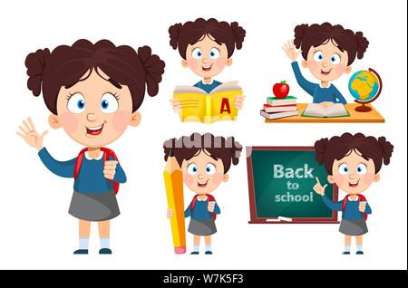 Zurück zur Schule, von fünf Posen. Niedliche Mädchen gehen zu studieren. Lustige cartoon Charakter. Vector Illustration. Stock Vektor