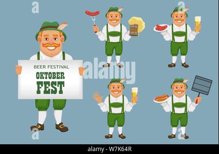 Oktoberfest, Bierfest. Fröhlicher Mann in Traditionelle bayerische Kleidung, von fünf Stellen darstellt. Vector Illustration auf blauem Hintergrund Stock Vektor