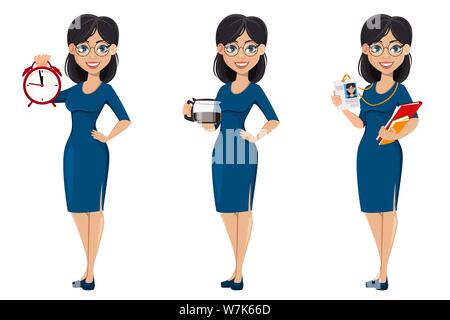 Junge schöne business Frau im blauen Kleid, von drei Posen. Weiblich Zeichentrickfigur Geschäftsfrau hält Wecker, hält Kaffeekanne und Stock Vektor