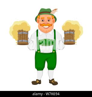 Oktoberfest, Bierfest. Fröhlicher Mann in Traditionelle bayerische Kleidung hält Bier. Vector Illustration Stock Vektor