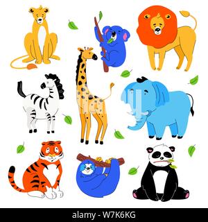 Niedliche exotische Tiere - Satz mit flachen Design Stil Cartoon Zeichen auf weißem Hintergrund. Eine helle Kollektion mit Löwen, Koala kauen ein Blatt, Stock Vektor