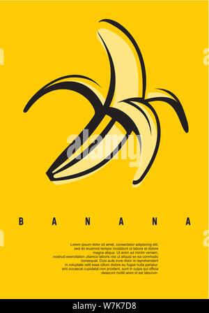 Banane minimale einfache flache Design Konzept. Künstlerische Plakat für eines der beliebtesten tropische Früchte. Vector Illustration auf gelben Hintergrund. Stock Vektor