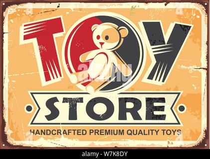 Toy Store vintage Metall Schild mit Teddybär und kreative Typografie. Vector Illustration. Stock Vektor