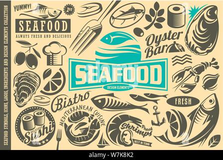 Seafood Restaurant Design Elements Collection. Fisch, Austern, Hummer, Garnelen, Sushi, Oliven, Thunfisch, Zitrusfrüchte und andere Vektorgrafiken Stock Vektor