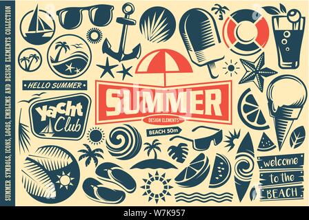 Sommer design Elements Collection. Vektor tropischen Symbole, Embleme, Symbole gesetzt. Stock Vektor