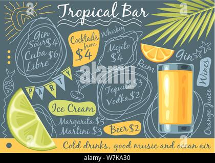 Tropical Bar Menü Design mit Glas Orangensaft, Palm Tree leaf und tropische Früchte. Doodle Zeichnungen Menü Konzept. Stock Vektor