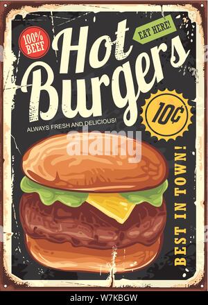 Hot Burger vintage Restaurant anmelden. Retro Poster Design mit großen Hamburger auf alte Metall Hintergrund. Fast food Vektor unterzeichnen. Stock Vektor