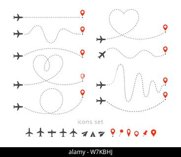 Stellen Sie Symbole der Weg mit dem Flugzeug. Start und Landung einer Passagiermaschine. Flugroute Infografik Elemente. Flug mit dem Flugzeug, Luftfahrt Tourismus Stock Vektor