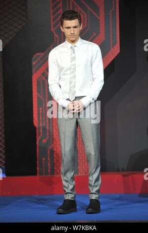 Englisch Schauspieler Tom Holland besucht eine Premiere für seinen neuen Film 'Spider-Man: Homecoming" in Peking, China, 4. September 2017. Stockfoto