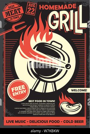 Grill Party künstlerische Einladung oder Poster design Vorlage. Grill essen Retro flyer Idee mit Grill und Fleisch auf Feuer. Stock Vektor