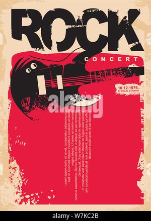 Rock konzert Plakat Vorlage mit E-Gitarre auf Grunge roten Hintergrund. Rock Musik flyer Layout. Musikalische Ereignis vector Banner auf alten Papier Textur. Stock Vektor