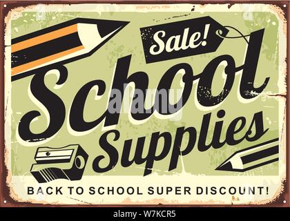 Schulbedarf Verkauf retro Werbeschild. Vintage promotional Poster mit Bleistifte und Zubehör. Zurück zu Schule Vektor Bild. Stock Vektor