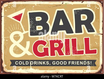 Bar und Grill retro Tin Sign Design. Kalte Getränke und gute Freunde retro cafe bar Poster. Vektor Bild. Stock Vektor