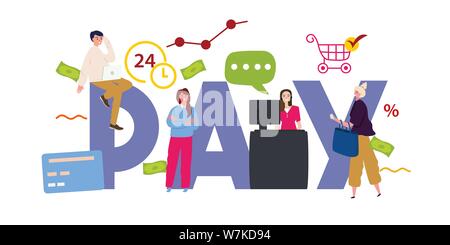 Transaktionskosten Konzept zahlung Symbol und Text im flachen Stil. Das Internet Shop, Online Shop, Kassierer speichern. Stock Vektor
