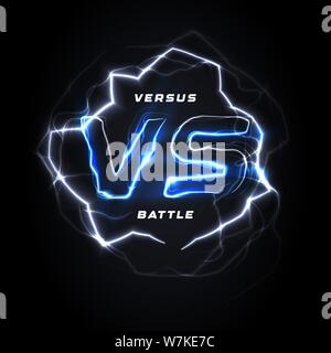 Versus VS runde blaue Logo. Schlacht Schlagzeile Vorlage. Sekt lightning Design. Isolierte Vector Illustration auf schwarzen Hintergrund. Stock Vektor