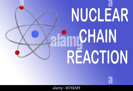 3D-Darstellung eines Atoms mit nuklearen Kettenreaktion Titel, auf einem blauen Gradienten isoliert. Stockfoto