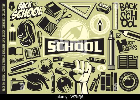 Zurück zu Schule Set von Symbolen, Logos, Symbole, Embleme und Designelementen. Bildung vektor Sammlung. Bleistifte und Bücher. Stock Vektor