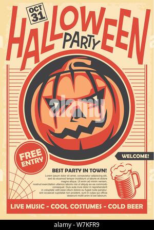 Halloween Party Poster und Einladungskarte Design mit Kürbis Kopf auf alten Papier Hintergrund. Vintage Vector Illustration. Holiday event. Stock Vektor