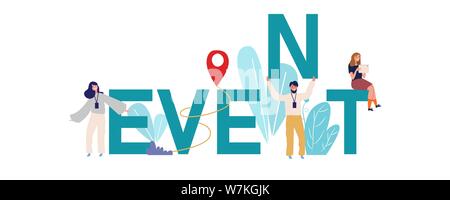 Banner Event Management Konzept Vector Illustration mit Symbolen. Team arbeiten mit großer Text. Stock Vektor