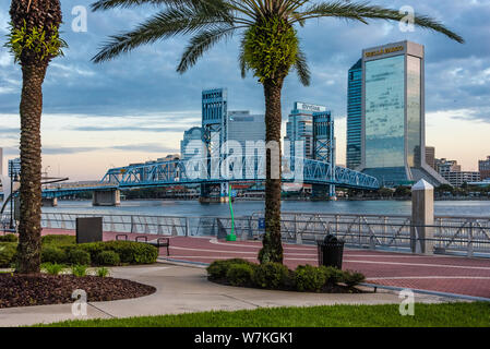 Blick auf Downtown Jacksonville, Florida bei Sonnenaufgang von der Southbank Riverwalk auf dem St. Johns River. (USA) Stockfoto