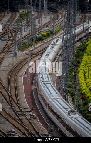 Die Blue Dolphin, Front, und die Golden Phoenix Züge von 'Fuxing 'high-speed Bullet Zug läuft auf der Pekinger ¨ CGuangzhou Eisenbahn, oder Jingguang Stockfoto