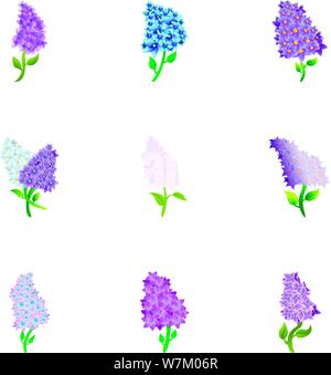 Flieder Frühling Blumen Icon Set. Cartoon Set von 9 flieder Frühling Blumen Vector Icons für Web Design auf weißem Hintergrund Stock Vektor