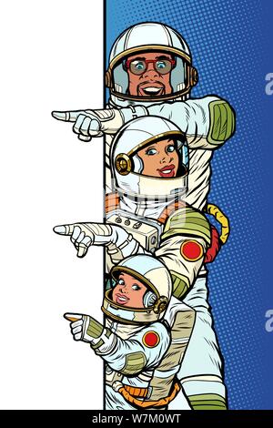 Multi rennen Familie Astronauten Mama, Papa und Sohn. Punkt zum Weltraum Poster kopieren. Pop Art retro Vektor Illustrator vintage kitsch Zeichnung Stock Vektor