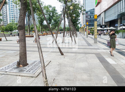 Baum Schachtdeckel mit motivierende Zitate zu lesen eingerichtet sind in Chengdu City gesehen, im Südwesten Chinas Provinz Sichuan, 29. August 2017. Baum Stockfoto