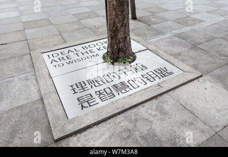 Ein Baum Grube Abdeckung mit motivierende Zitate zu lesen dekoriert ist in Chengdu City gesehen, im Südwesten Chinas Provinz Sichuan, 29. August 2017. Baum Stockfoto