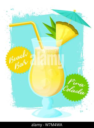 Pina Colada Cocktail mit ananasscheibe, Stroh und Regenschirm. Poster mit Glas alkoholische Getränk auf grunge Hintergrund. Vector Illustration. Stock Vektor