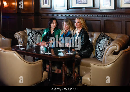 (Von links) Hong Kong Schauspielerin Carina Lau, der niederländische Designer Nikkie Plessen und englischen Modell Kate Moss besuchen eine Werbeveranstaltung für die "NIKKIE' in Shangh Stockfoto