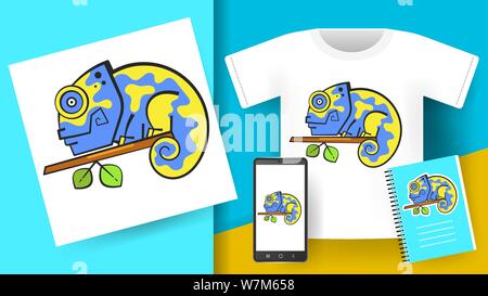 Süße Hand gezeichneten Karikatur Chamäleon. Sommer Vector Drucken mit Cartoon Chamäleon. Designelemente. Stock Vektor