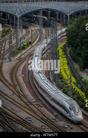 Die Blue Dolphin, Front, und die Golden Phoenix Züge von 'Fuxing 'high-speed Bullet Zug läuft auf der Pekinger ¨ CGuangzhou Eisenbahn, oder Jingguang Stockfoto