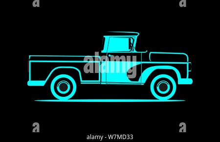 Schematisches Bild Pickup Truck auf schwarzem Hintergrund. Classic Truck. Isolierte Vector Illustration Stock Vektor