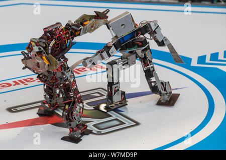 Roboter nehmen an einem Roboter Kampf während der Maker Faire Xi'an 2017 in der Stadt Xi'an, Provinz Shaanxi im Nordwesten Chinas, 15. Juli 2017. Zwei-footed Rob Stockfoto