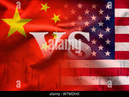 Amerika gegenüber China Handel Krieg Konzept mit dem Text VS über ein Verbundwerkstoff aus den beiden nationalen Flaggen und ein Business Grafik überlagert Stockfoto