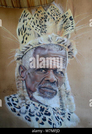 Gemälde der Darstellung Zulu leader Shaka Zulu in Shakaland Zulu Cultural Village, Eshowe, Kwazulu Natal, Südafrika Stockfoto