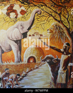 Gemälde der Darstellung Zulu Kultur bei Shakaland Zulu Cultural Village, Eshowe, Kwazulu Natal, Südafrika Stockfoto