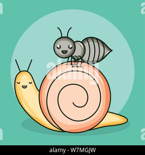 Cute ameise insekt und Schnecke kawaii Zeichen Vector Illustration Design Stock Vektor