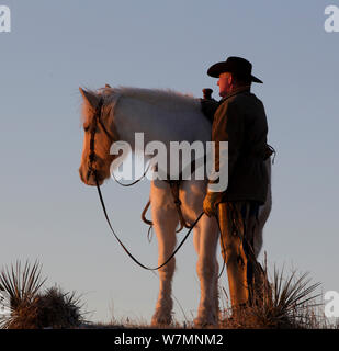 Cowboy mit seinem Pferd in der Morgendämmerung, Wyoming, USA, Februar 2012, Modell freigegeben Stockfoto