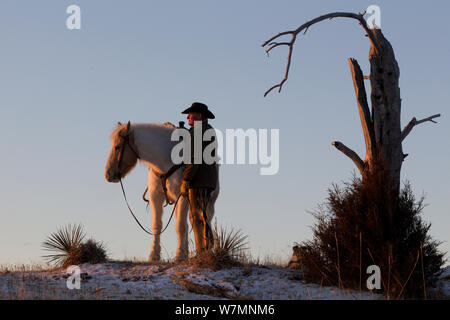 Cowboy mit seinem Pferd in der Morgendämmerung, Wyoming, USA, Februar 2012, Modell freigegeben Stockfoto