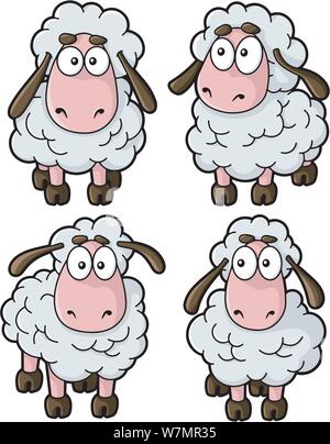 Vier Schafe cartoon Symbole auf weißem Hintergrund. Stock Vektor