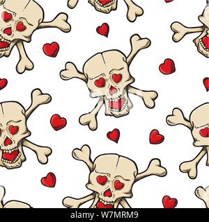 Beige Schädel cartoon Skizze mit Herzen nahtlose Muster. Stock Vektor