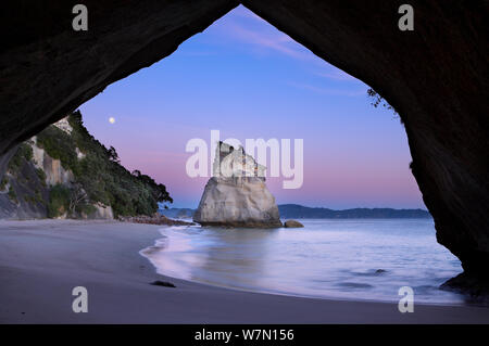 Mond über Cathedral Cove in der Dämmerung, in der Nähe von Hahei, Coromandel Halbinsel, North Island, Neuseeland. Dezember 2006. Stockfoto