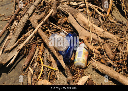 Treibholz und Kunststoff angeschwemmte Unrat am Strand nach dem Hochwasser, Canoa, Ecuador. Stockfoto